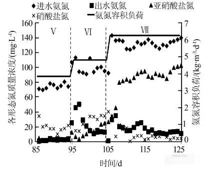 全程硝化逐漸向短程硝化轉(zhuǎn)變，亞硝化效能調(diào)控階段進出水氨氮、亞硝酸鹽氮、硝酸鹽氮及氨氮容積負荷變化情況