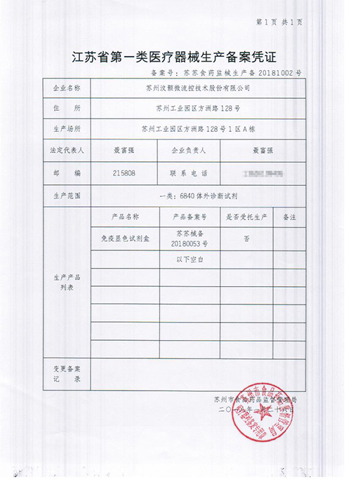 汶顥股份江蘇省第一類(lèi)醫(yī)療器械生產(chǎn)備案憑證
